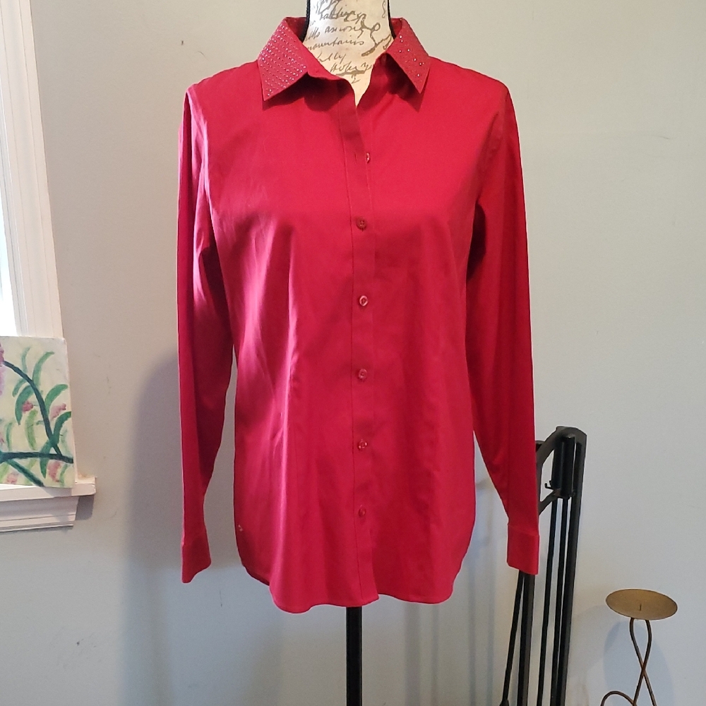 Chico's Red Long-Sleeve Button-Up Shirt with Rhinestone Collar. Wrinkle Free